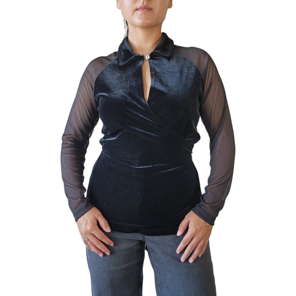 90s Black Velvet Sheer Sleeves Wrap Top Size Medium